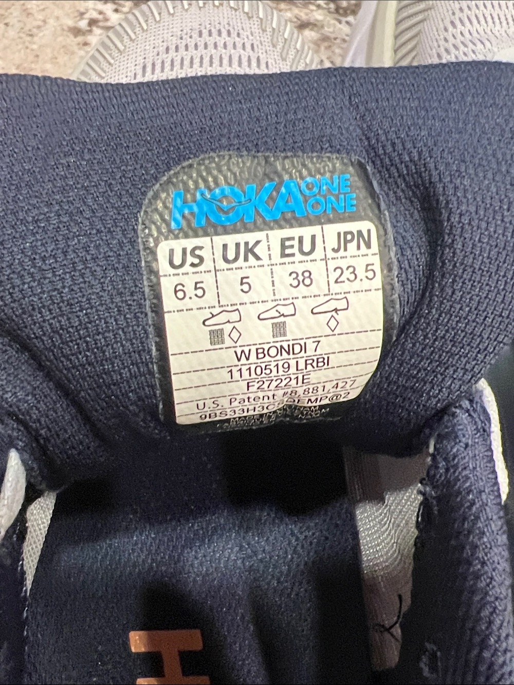 Hoka Women's Bondi 7 Sneakers in Light Gray, Navy & Peach - Picture 7 of 7